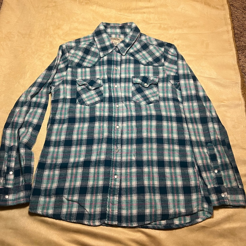 Green, pink plaid long sleeve button down